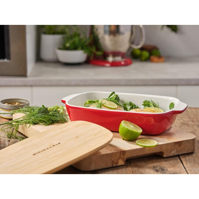 KitchenAid Empire Red 26cm stoneware casserole dish with bamboo lid, UK version