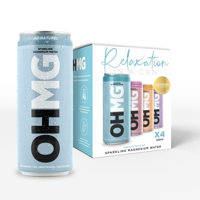 OHMG sparkling magnesium water variety pack 4 x 330ml, imported from the UK