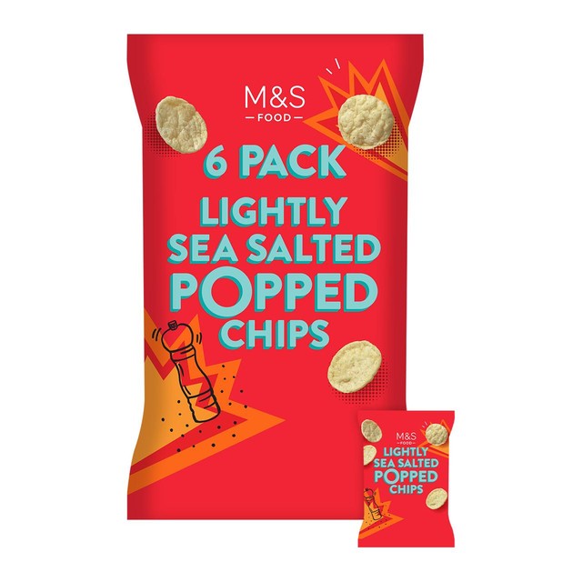 M&S lightly salted popped potato chips 6-pack, imported from the UK