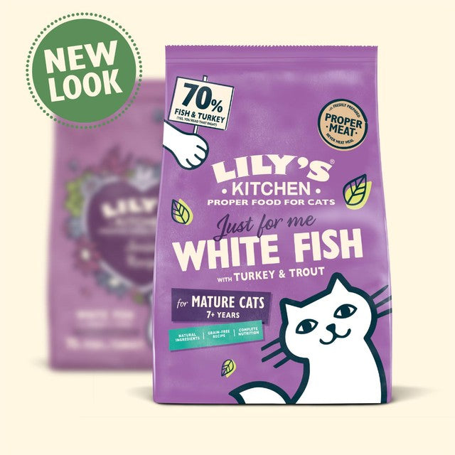Lily's Kitchen white fish & turkey senior cat dry food 800g, UK version