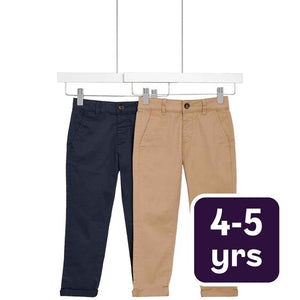 M&S Boys Cotton Rich Chino Trousers Stone Navy 2 Pack Size 4-5 Years