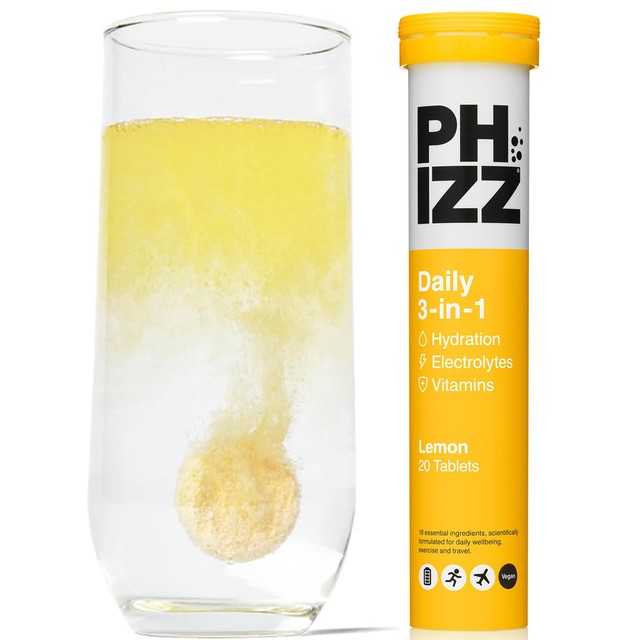 Phizz lemon hydration electrolytes vitamins effervescent tablets 20 tablets, imported from the UK