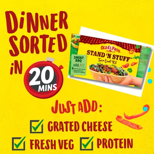 Old El Paso smoky BBQ taco kit with soft tortillas and sauce, 350g, imported from the UK