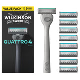 Wilkinson Sword Quattro razor handle with 9 refills, imported from the UK