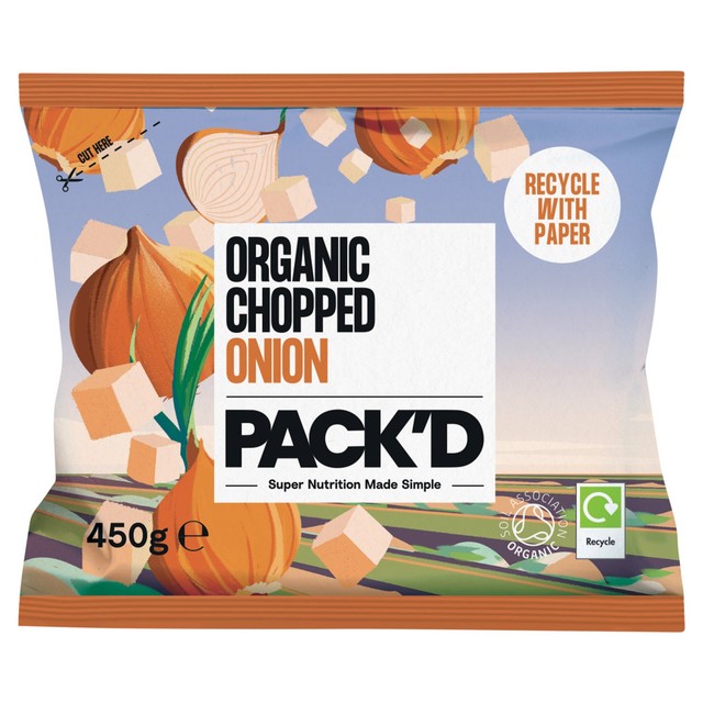 Pack'd organic chopped onion 450g, imported from the UK