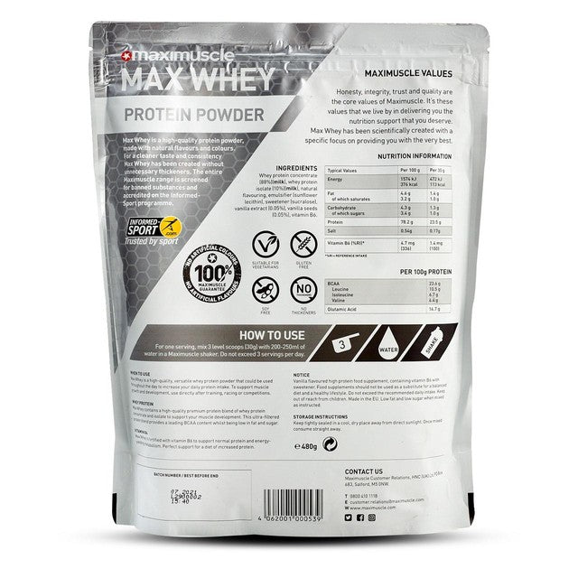 Maximuscle Vanilla Whey Protein Powder 420g, imported from the UK