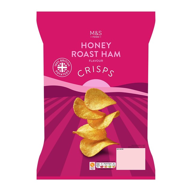 M&S honey roast ham crisps 150g, imported from the UK