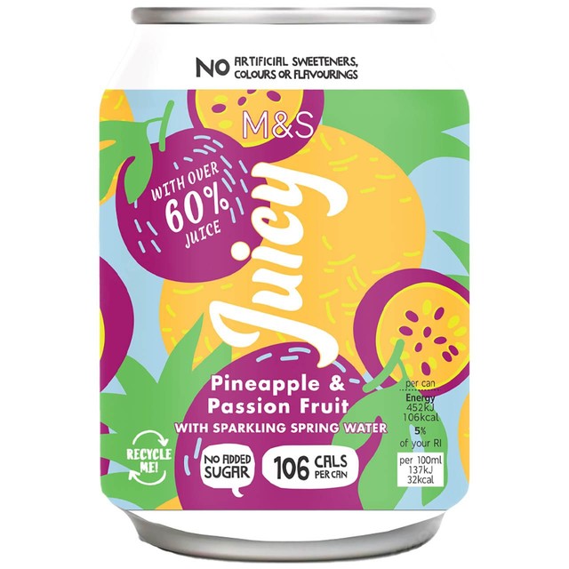 M&S pineapple and passion fruit sparkling water 4 x 330ml, imported from the UK