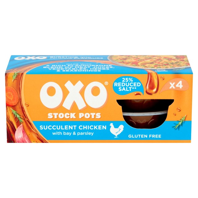 Oxo Reduced Salt Chicken Stock Pots 4x20g, imported from the UK