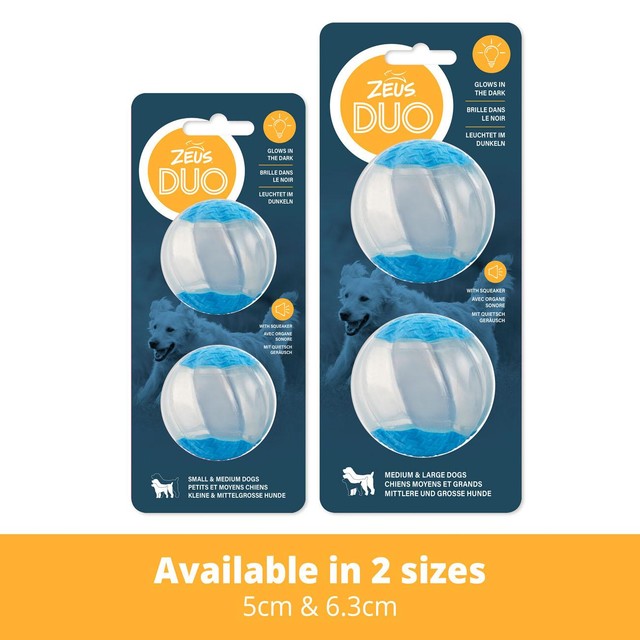 Zeus Duo Ball dog toy with squeaker and glow-in-the-dark, 6.3cm (British brand)