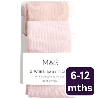 M&S Rib Tights Baby 6-12 Months Pink 2 Pack