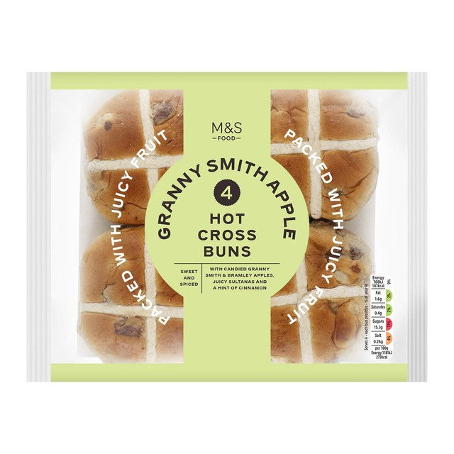 M&S Granny Smith apple hot cross buns 4 pack, imported from the UK