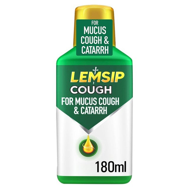 Lemsip cough liquid for mucus cough and catarrh relief 180ml, UK version