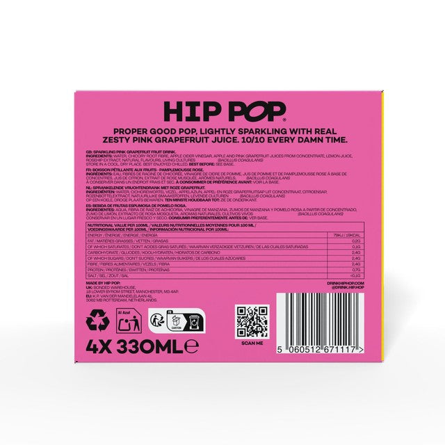 Hip Pop pink grapefruit sparkling drink 4 x 330ml cans, UK version