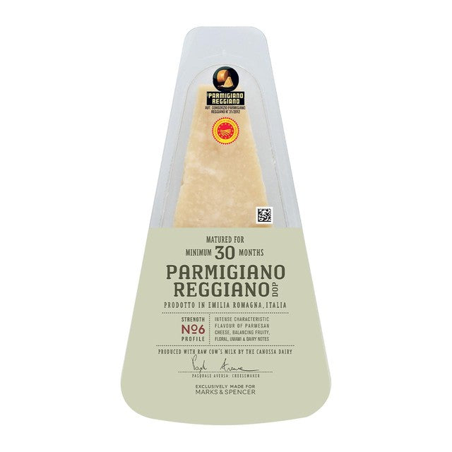 M&S Parmigiano Reggiano DOP hard cheese 200g, imported from the UK