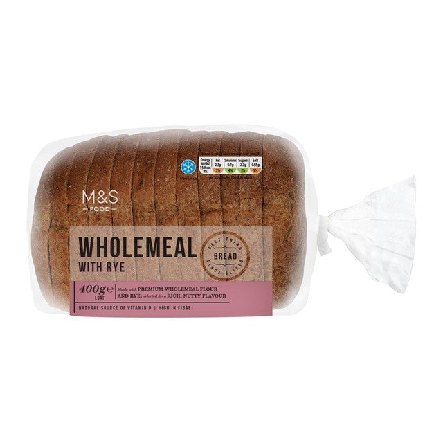M&S wholemeal rye sliced bread loaf 400g, imported from the UK
