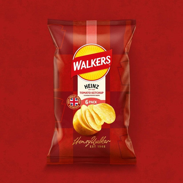 Walkers Tomato Ketchup flavour potato crisps 6x25g multipack (British brand)