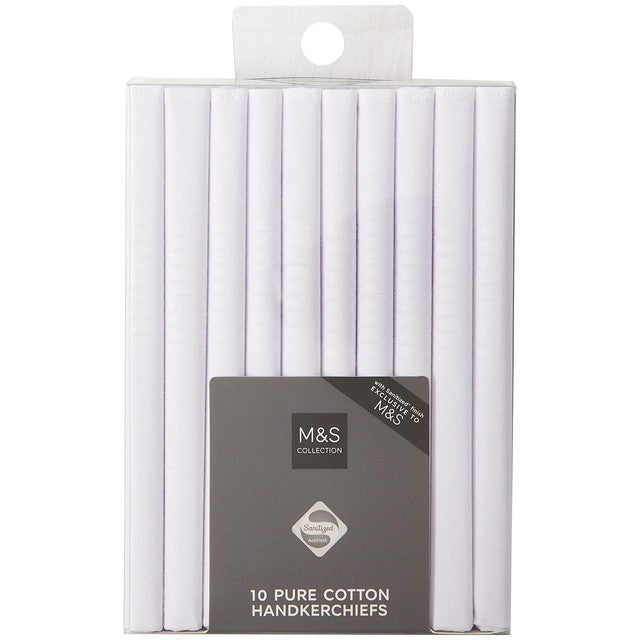 M&S antibacterial pure cotton handkerchiefs white 10 pack, imported from the UK