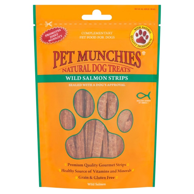 Pet Munchies wild salmon strips dog treats 80g, imported from the UK