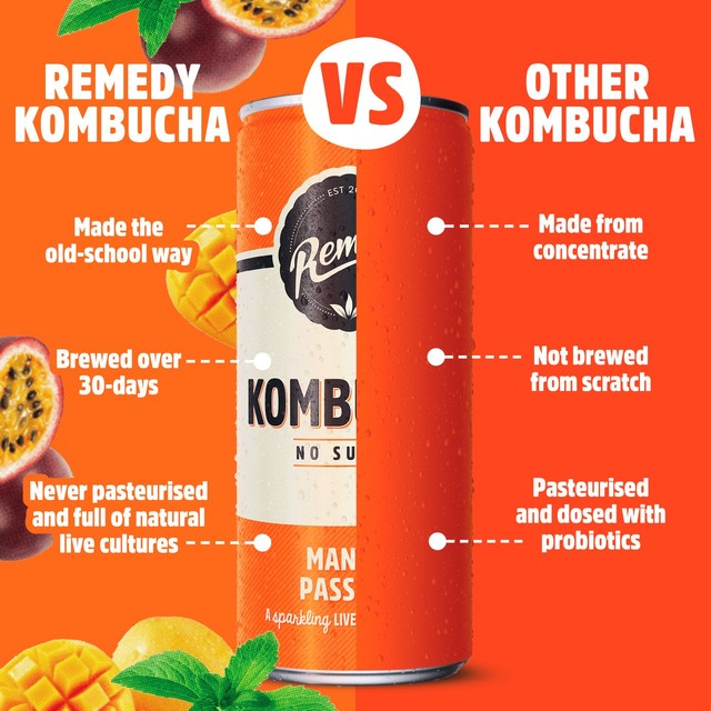 Remedy kombucha Mango Passion 4 x 330ml, imported from the UK