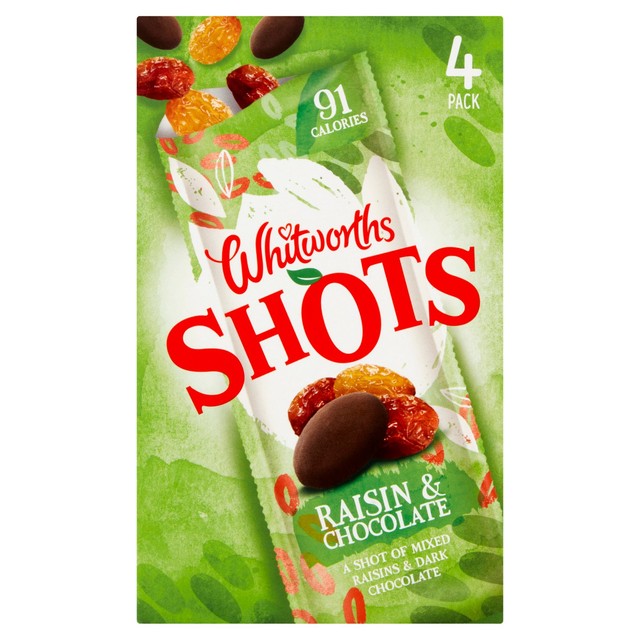 Whitworths Shots snack pack raisin and chocolate 4 x 25g (British brand)