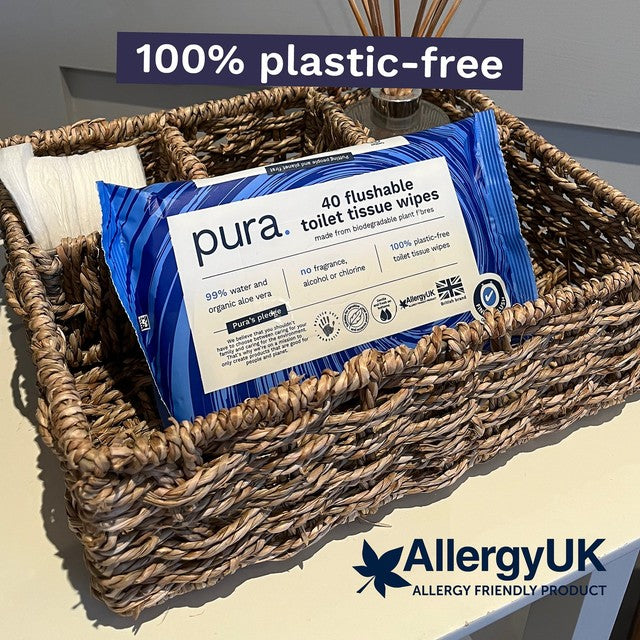 Pura Flushable Toilet Wipes 40 Pack, imported from the UK