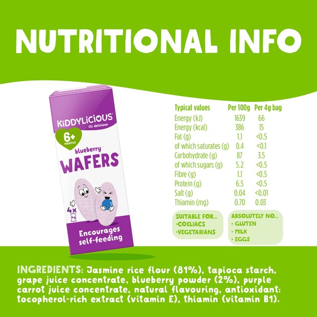 Kiddylicious blueberry mini wafers baby snacks 4 x 4g, UK version
