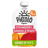 Piccolo organic strawberry, banana and peach baby food pouch, imported from the UK