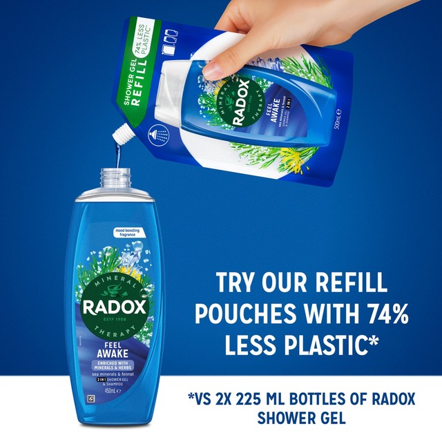 Radox Feel Awake shower gel and shampoo 450ml, imported from the UK
