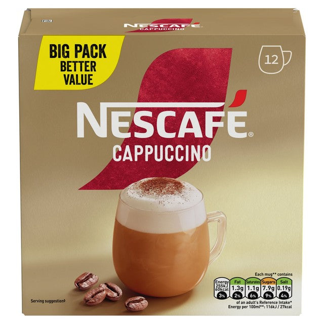 Nescafé Cappuccino instant coffee 12 sachets, imported from the UK