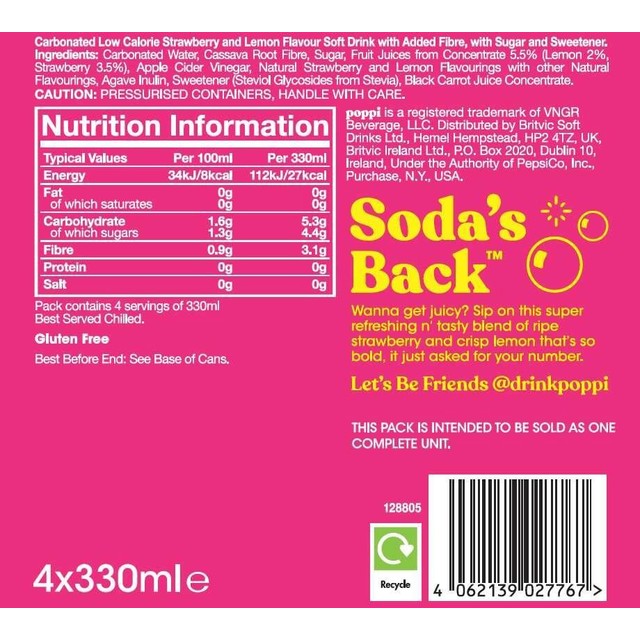 Poppi strawberry lemon soda 330ml cans, UK version