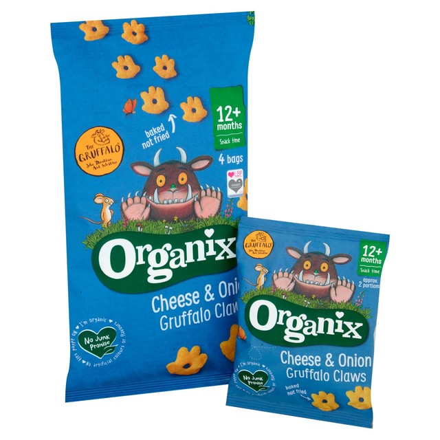 Organix Gruffalo Claws Cheese Onion 4x15g, imported from the UK