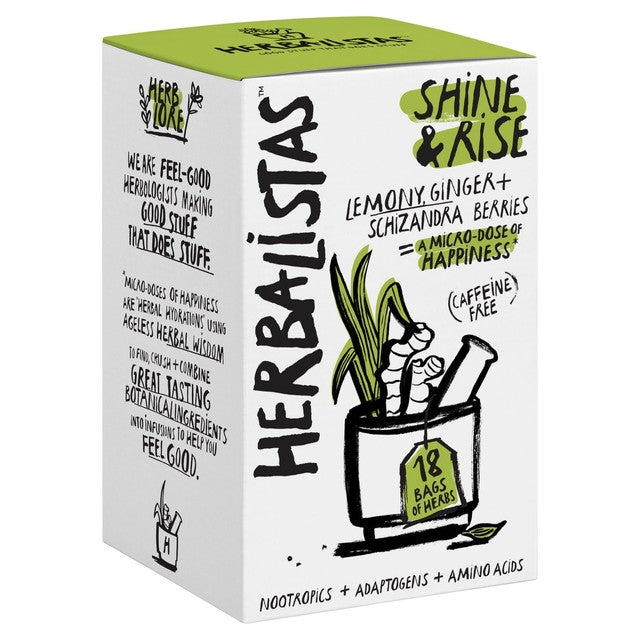 Herbalistas Shine Rise herbal tea with lemongrass, ginger, and schizandra, UK version