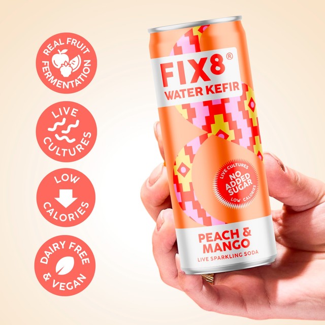Fix8 water kefir peach mango sparkling drink (British brand)