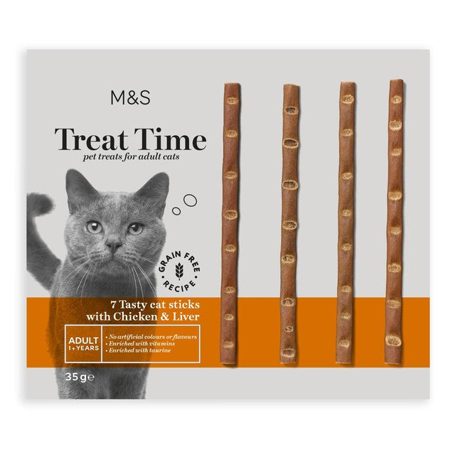 M&S chicken and liver cat stick treats 35g, imported from the UK