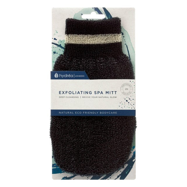 Hydrea London black exfoliating spa mitt with medium/hard texture, UK version