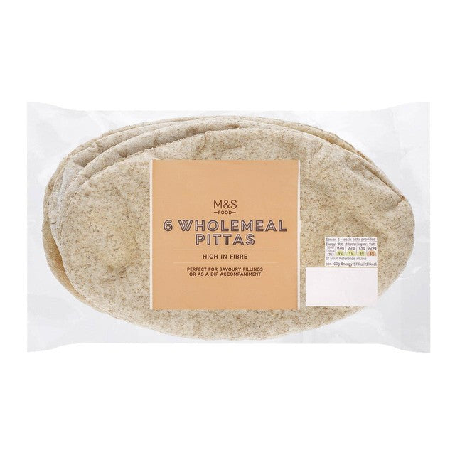 M&S wholemeal pitta breads 6 per pack, imported from the UK