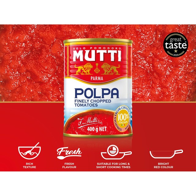 Mutti Polpa chopped tomatoes 4x400g, imported from the UK