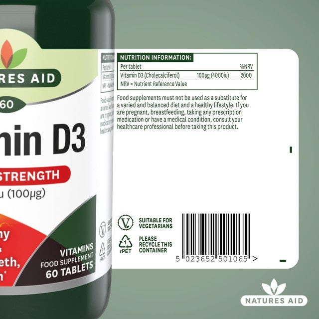 Natures Aid Super Strength Vitamin D3 4000iu tablets 60 pack, imported from the UK