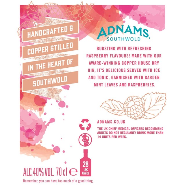 Adnams Copper House Pink Gin 70cl bottle with raspberry notes - British product