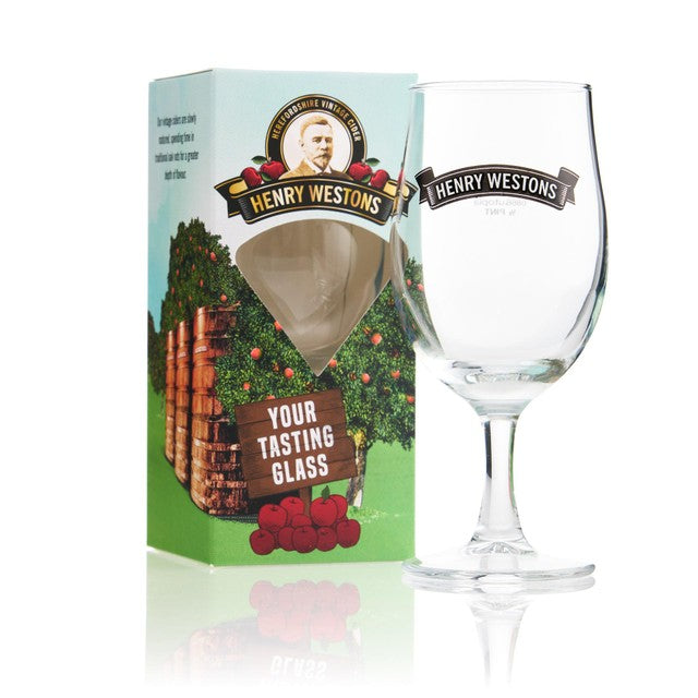 Henry Westons cider tasting glass, clear glassware (British brand)