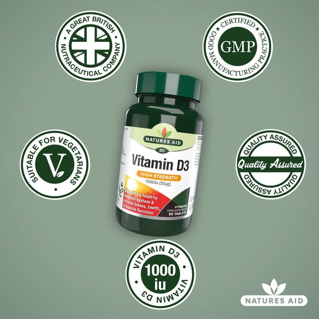 Natures Aid High Strength Vitamin D3 Tablets 1000iu 90 Tablets, imported from the UK