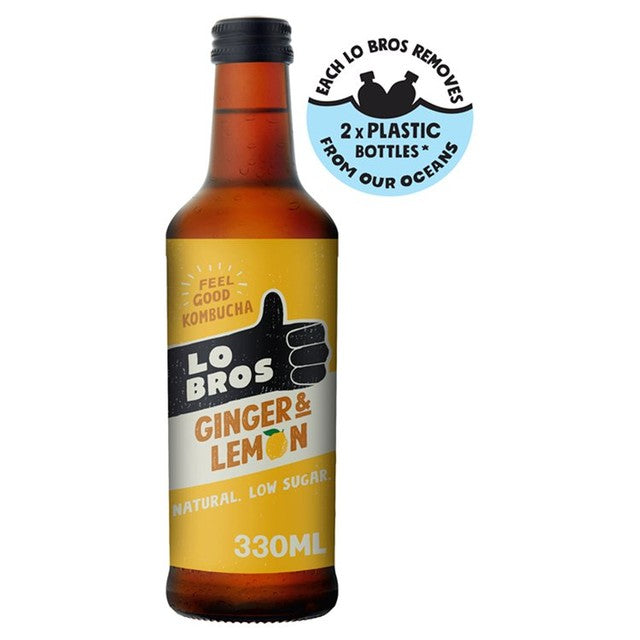 Lo Bros ginger and lemon low sugar kombucha drink 330ml, UK version