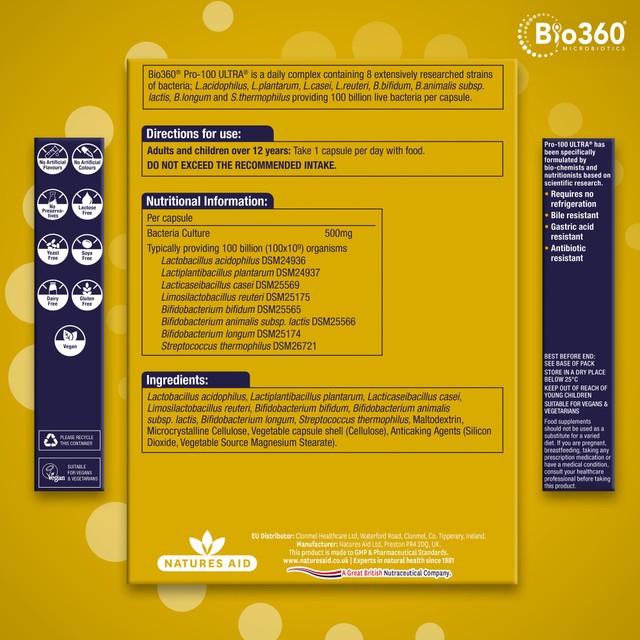 Natures Aid Bio360 Pro-100 Ultra Probiotic Capsules 30 Capsules - British product