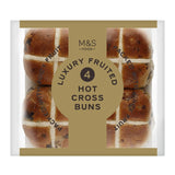 M&S luxury fruited hot cross buns 4 pack, imported from the UK