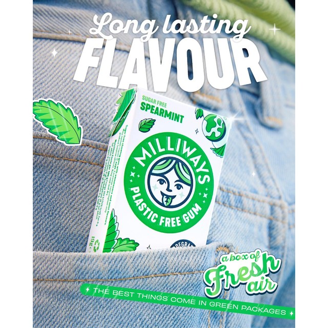 Milliways Spearmint Plastic Free Sugar Free Chewing Gum 19g, imported from the UK