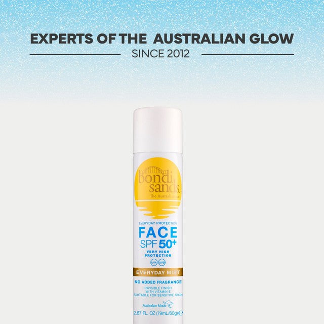 Bondi Sands SPF 50+ face sunscreen mist, imported from the UK