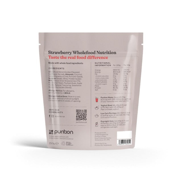 Purition Wholefood Nutrition Powder Strawberries 250g, imported from the UK