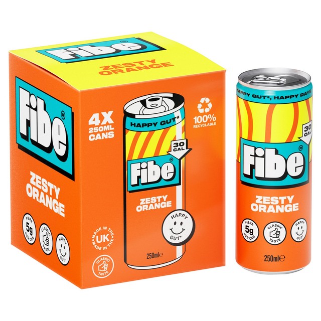 Fibe Zesty Orange canned fibre drink 4 x 250ml - British product