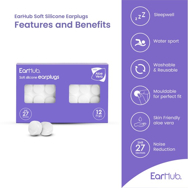 EarHub Sleepwell Soft Silicone Earplugs 12 pair - British product